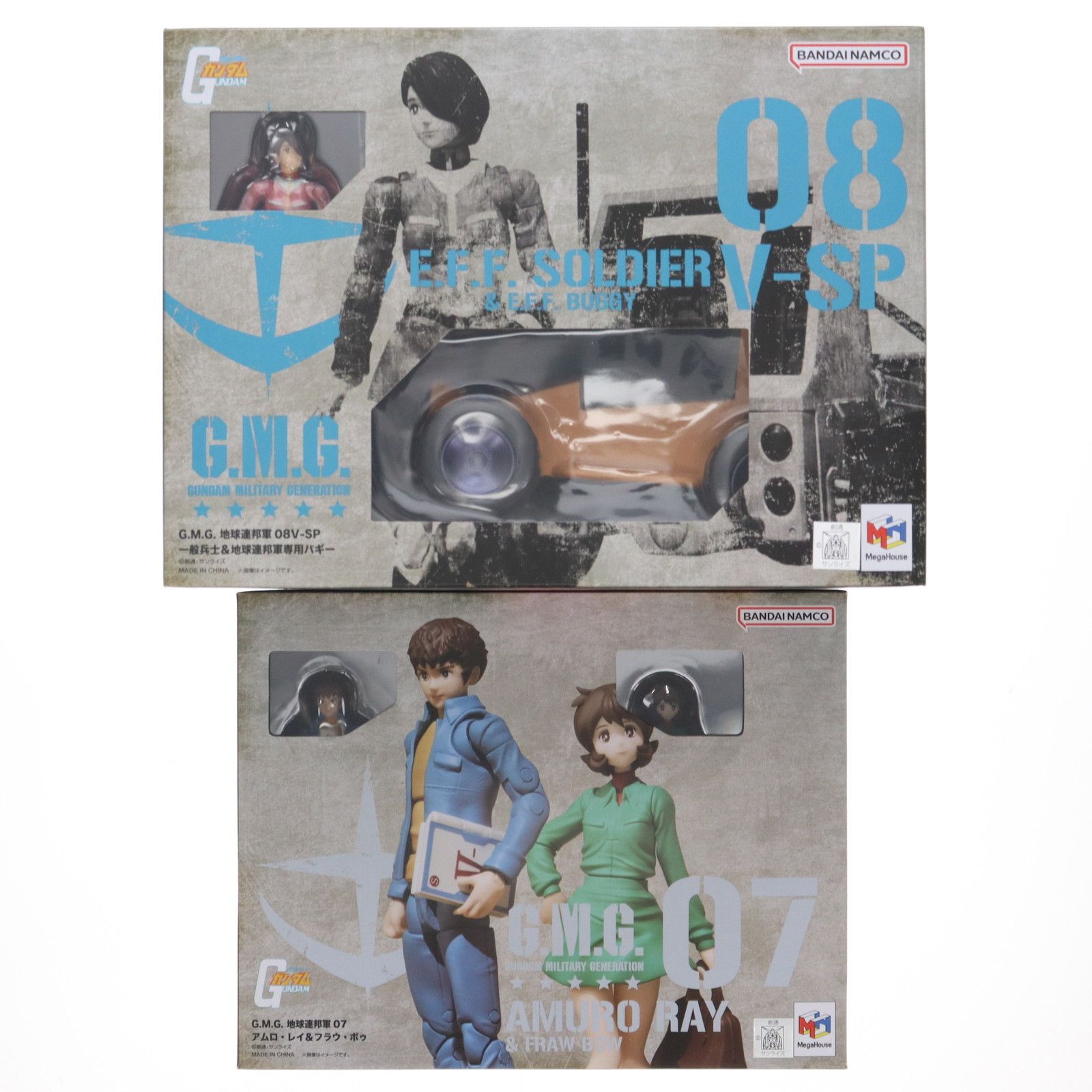 MegaHouse - ポンチョ&amp;スタンド無し G.M.G. 地球連邦軍 07 アムロ&amp;フラウ、08V-SP 一般兵士&amp;バギー セットボックス 機動戦士ガンダム 完成品 可動フィギュア プレミアムバンダイ限定 メガハウス G.M.G. 機動戦士ガンダム 地球連邦軍 アムロ＆フラウ、一般兵士