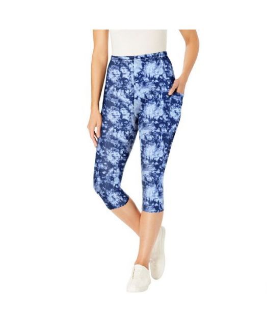 送料無料 ウーマン ウィズイン レディース レギンス ボトムス Plus Size Within Stretch Cotton Printed Pocket Capri Legging Blue tie dye