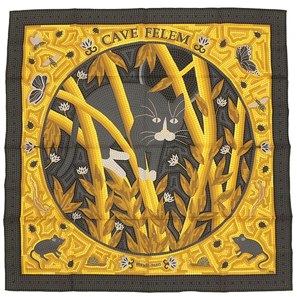 エルメス HERMES スカーフ カレ90 CARRE シルク ブラック×ジョーヌ CAVE FELEM|猫に注意 箱