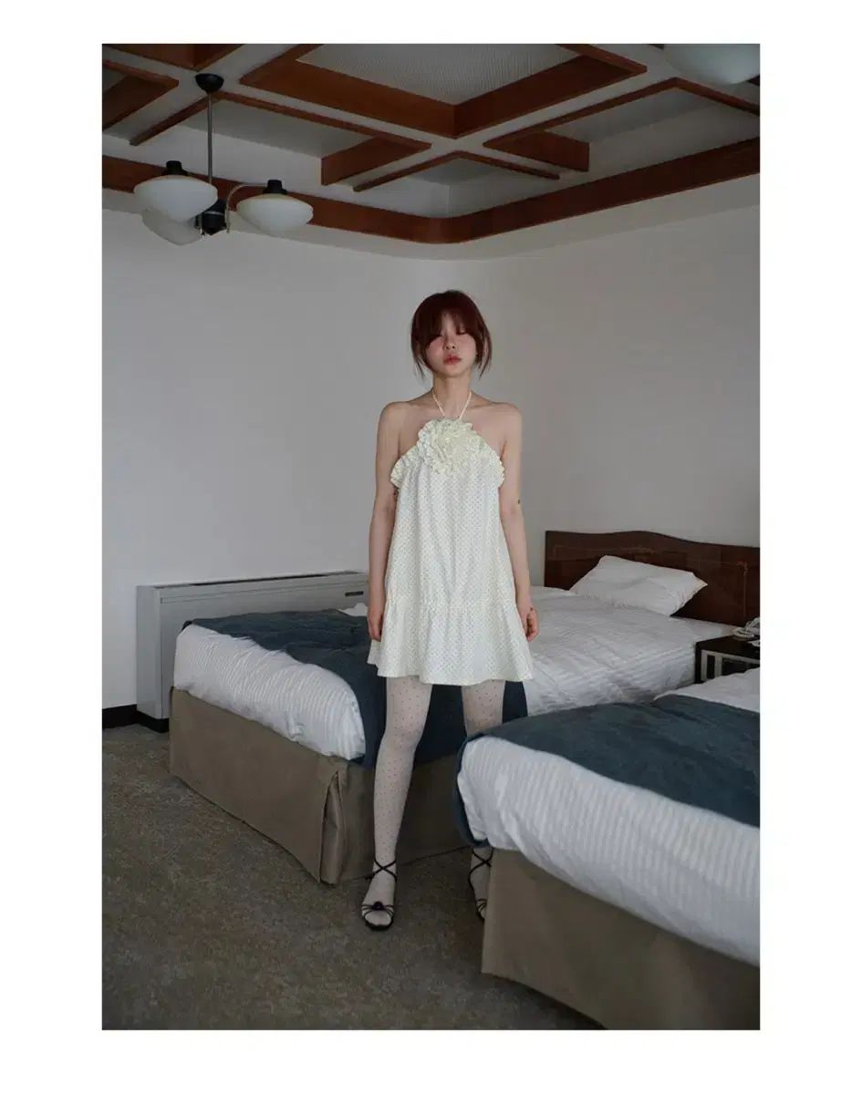 freckle seoul dot ruffle dress with corsage