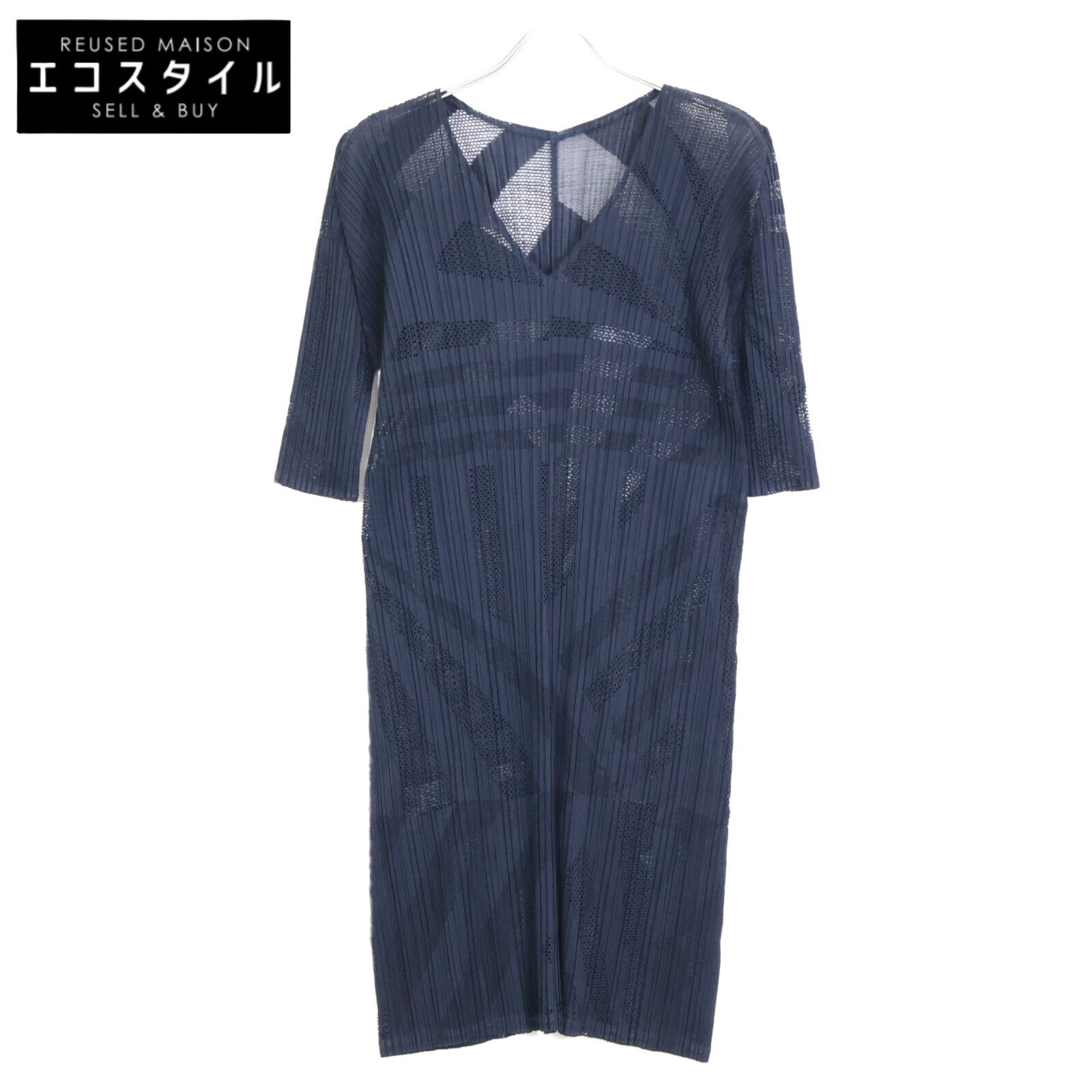 PLEATS PLEASE プリーツプリーズ 20SS PP01-JT723 ﾈｲﾋﾞｰ ﾌﾟﾘｰﾂ ｶｯﾄﾜｰｸ ﾊｰﾌｽﾘｰﾌﾞ ﾁｭﾆｯｸ 3