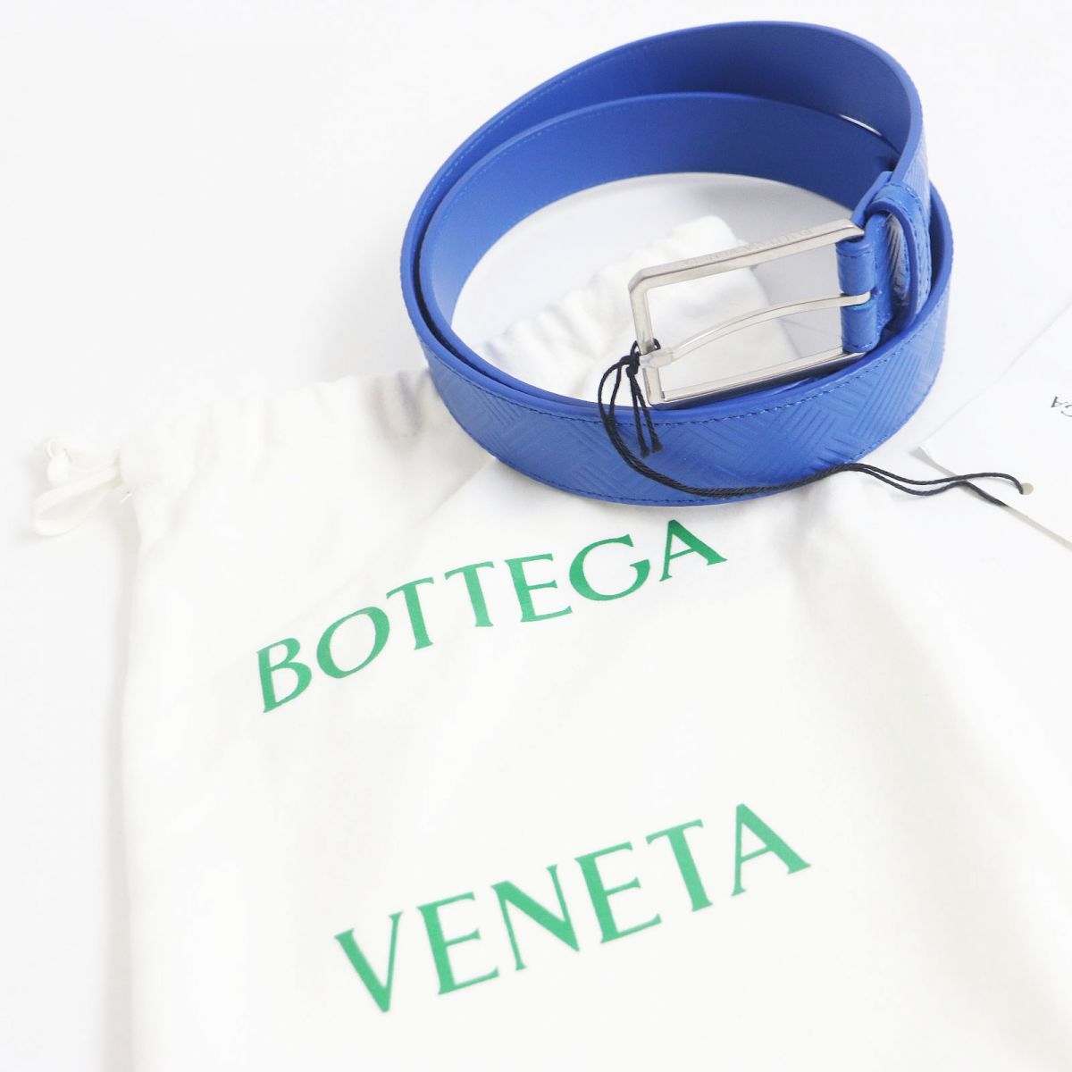 未使用品□BOTTEGA VENETA／ボッテガヴェネタ イントレチャート エンボス シルバーピンバックル レザーベルト 青 95／38 伊製 メンズ