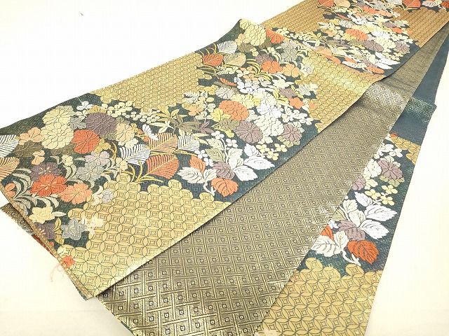 袋帯 モダンな上品な織 正絹AO-1575 Sお仕立て上がり正絹袋帯 金色地 本金箔 向鶴瑞華文