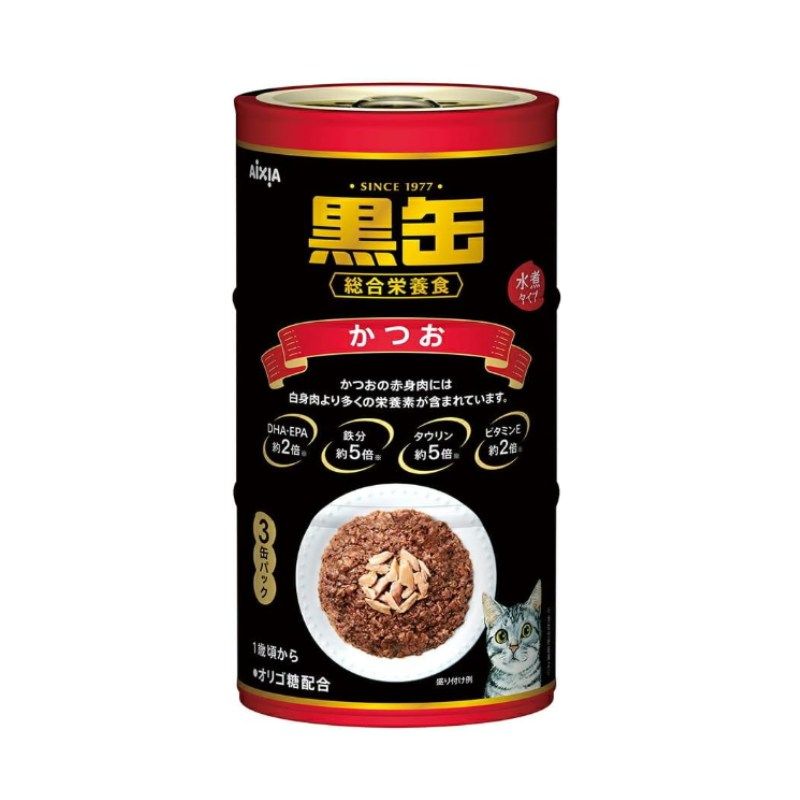 アイシア 健康缶 黒缶3P かつお 480g 18個セット 猫 ウェットフード かつお フレーク 旨み お徳用 3缶パック 大容量 18個セット オリゴ糖 食べやすい 全年齢 キジトラ 茶トラ 白猫 黒猫 サバトラ 三毛猫
