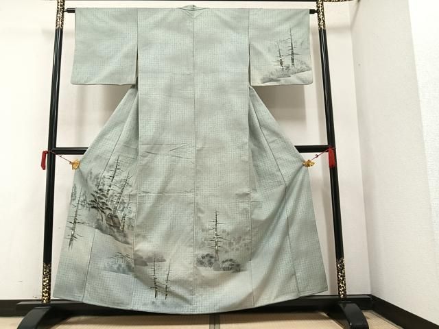 平和屋着物○訪問着 紬地 手描き 風景樹林文 暈し染め 金彩 正絹 逸品  