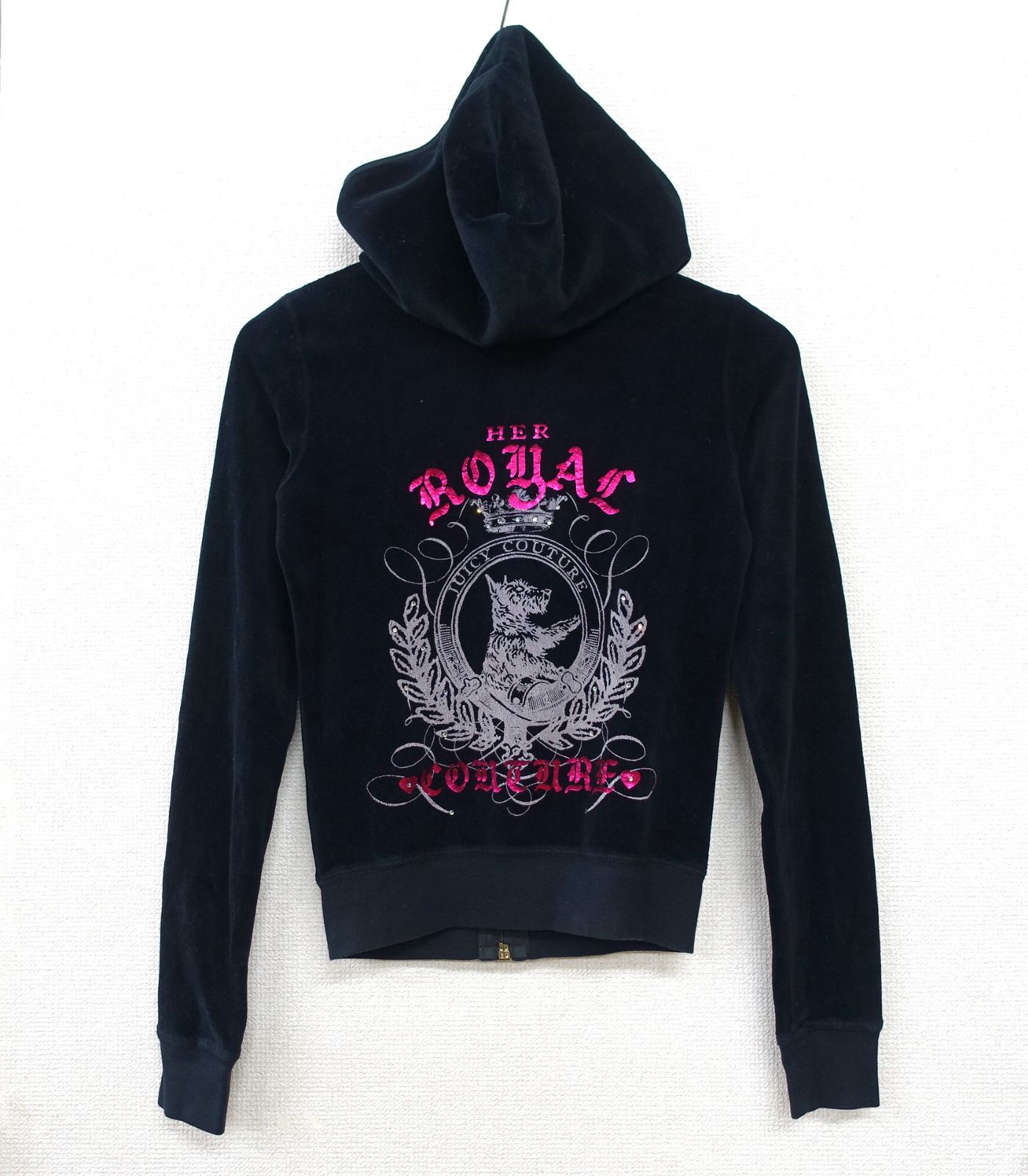 JUICY COUTURE バックプリント ベロア パーカー Sサイズ 黒 ブラック 