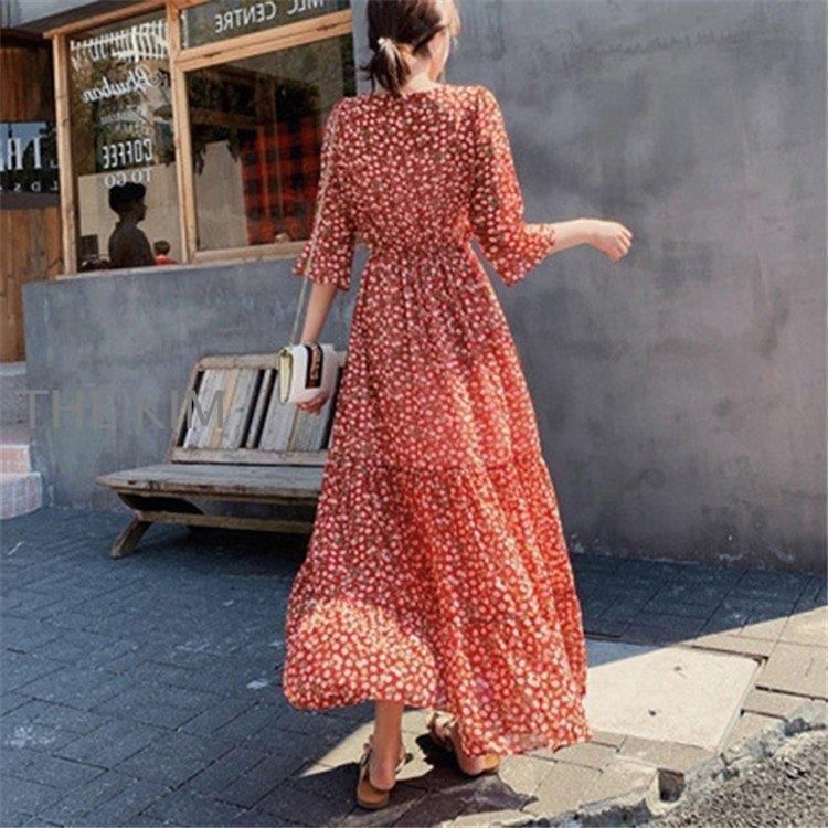 Vネック ロングワンピース