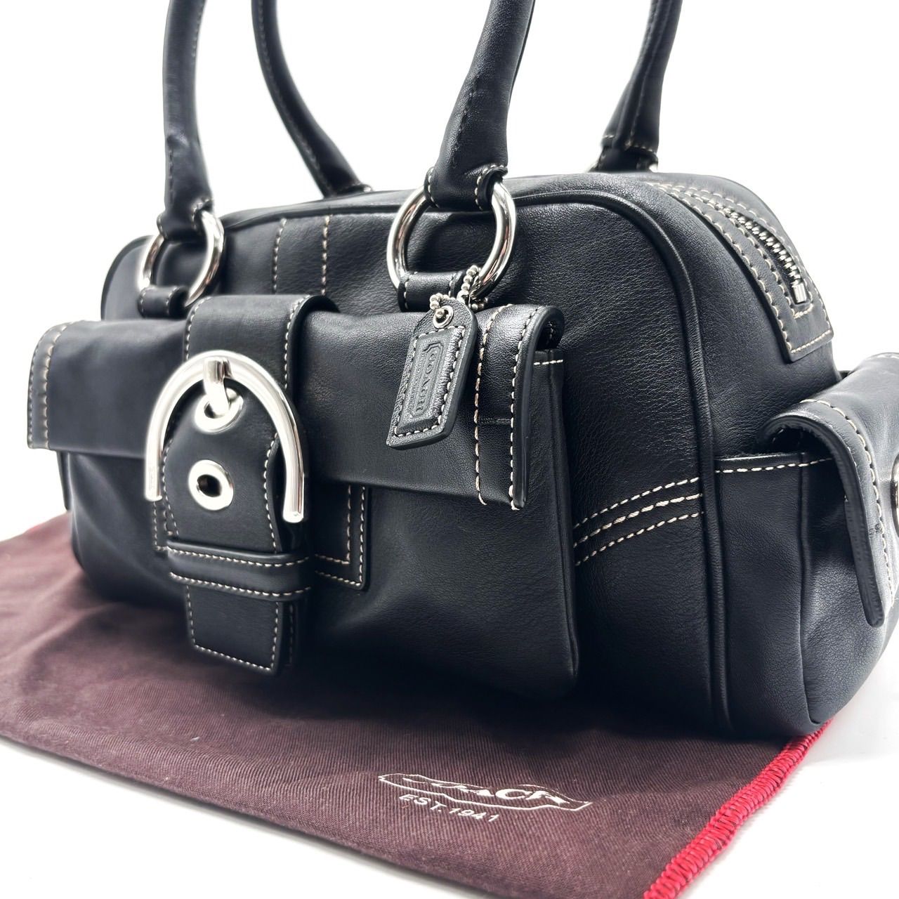 COACH Y2K belt black leather shoulder mini boston bag unisex コーチ トートバッグ ハンドバッグ ショルダーバッグ