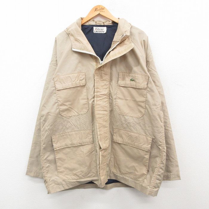 XL/古着 ラコステ LACOSTE IZOD 長袖 ブランド ナイロン ジャケット マウンテン パーカー メンズ 80s ワンポイントロゴ ラグラン ベージュ 