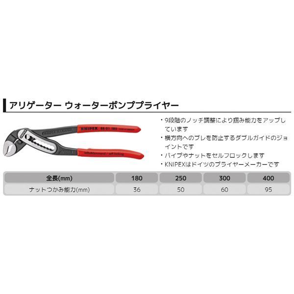 KNIPEX クニペックス アリゲーターXL ウォーターポンププライヤー 滑り止めプラスチックコーティング サイズ400×75×20mm パック入 8801-400SB