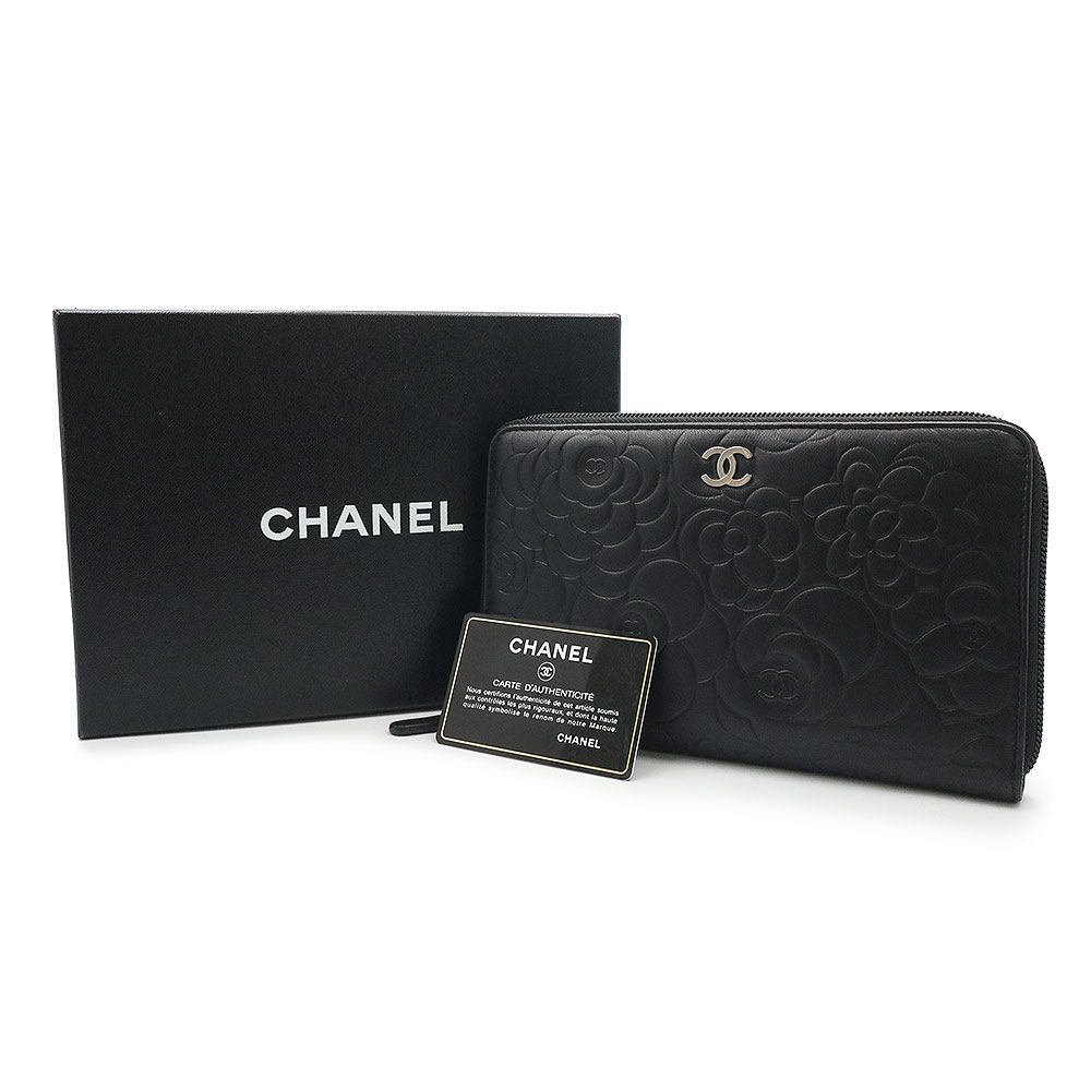 シャネル カメリアエンボス オーガナイザー ラージ ジップウォレット ラウンドファスナー 長財布 ラムスキン レザー ブラック シルバー金具 A50932 CHANEL