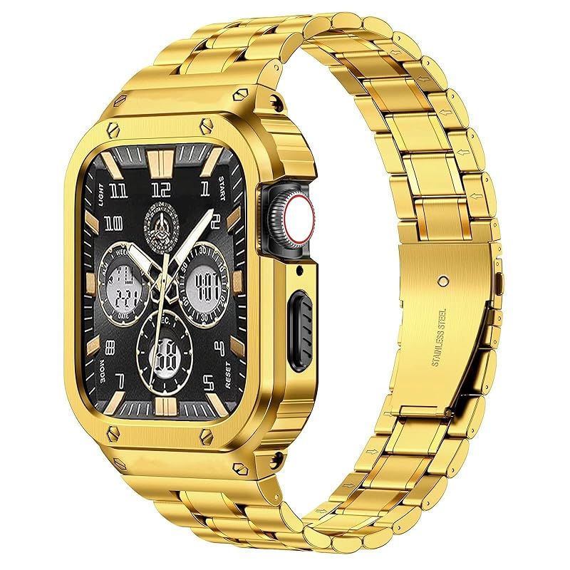 MioHHR ステンレススティール製バンド ケース互換性 Apple Watch Bands 42mm 金属製保護バンパーカバー付き頑丈なストラップ iWatch シリーズ 10|11 男性用 ゴールド