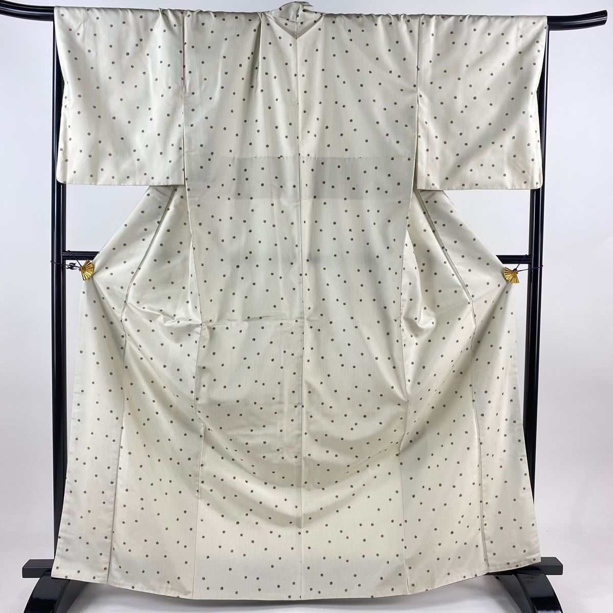 小紋 身丈166.5cm 裄丈68.5cm L 袷 紬地 水玉 縦縞 クリーム 正絹 名品