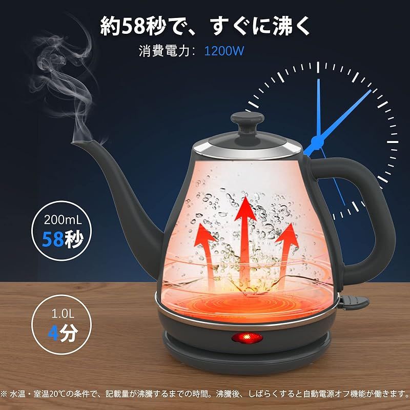 電気ケトル 1.0L ANFILANK ケトル 電気 湯沸かしケトル 1200W ステンレス製 急速沸騰|空焚き防止|自動電源オフ PSE認証済み カップ1杯約58秒 グレー 0