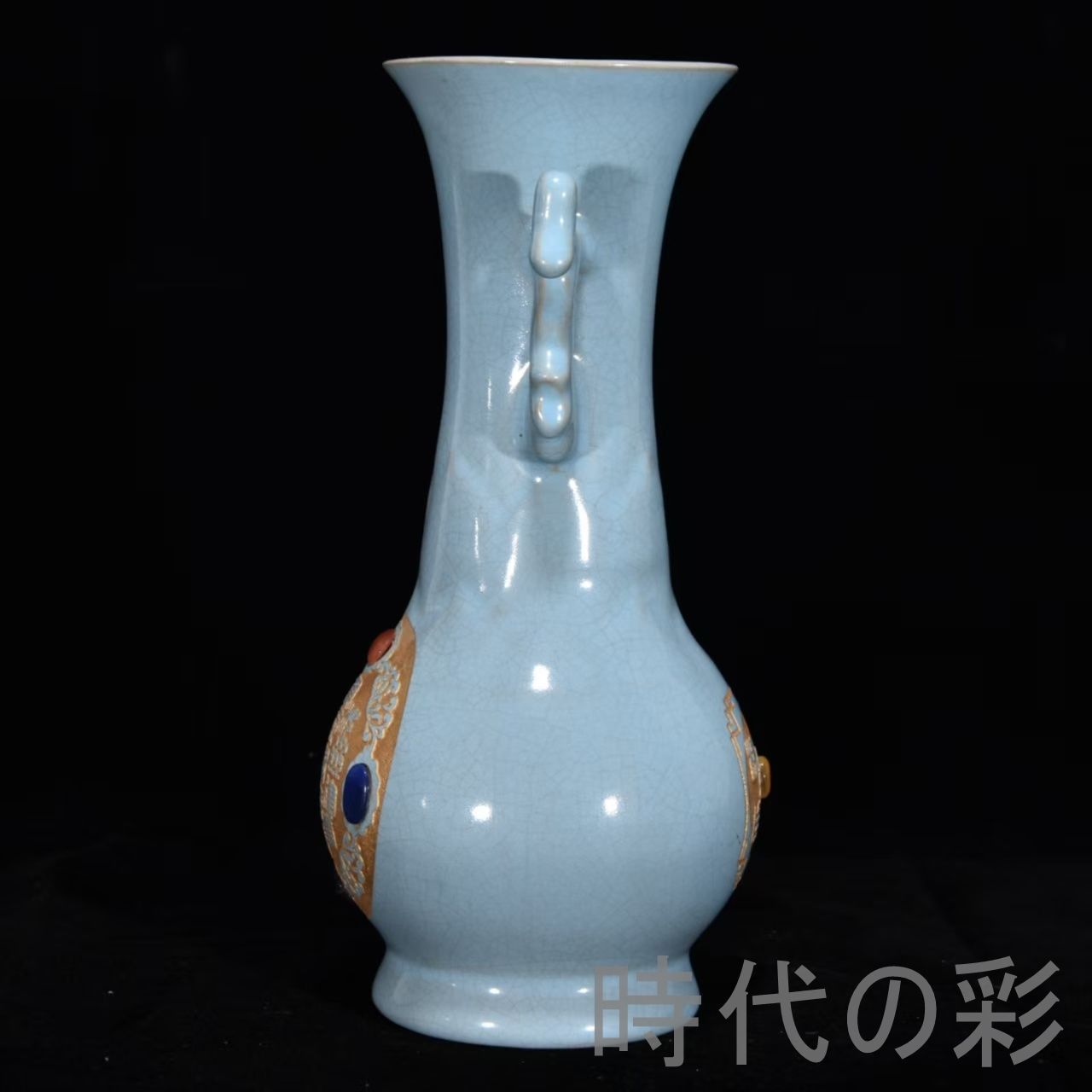 中国古美術 宋代 汝窯 天藍釉 ?宝石 刻詩 双耳瓶 唐物 青磁 陶磁器 