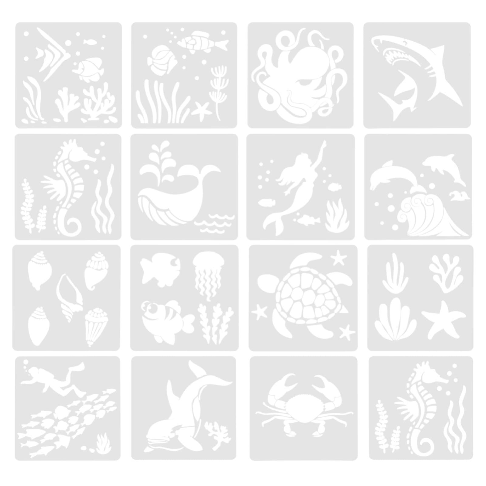 EXCEART 描画テンプレート ステンシルシート DIY塗装ステンシル 手帳用テンプレート 絵図 絵描き道具 テンプレート 製図 塗り絵 16枚 15 x 15 cm