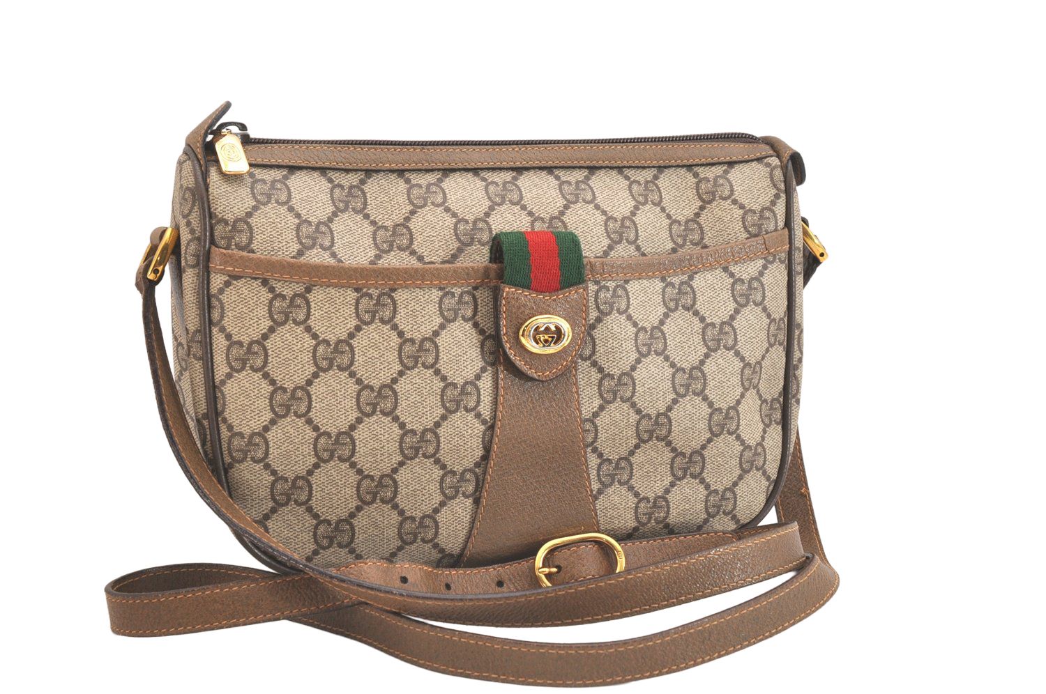 GUCCI グッチ ウェブ シェリーライン ショルダーバッグ GGピーブイシー レザー ブラウン ジャンク 2499N