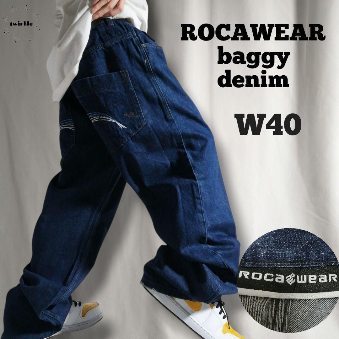 90s ロカウェア デニムパンツ バギーパンツ 濃紺 刺繍 プリント 極太W40 90s ロカウェア デニムパンツ バギーパンツ 濃紺 刺繍 プリント