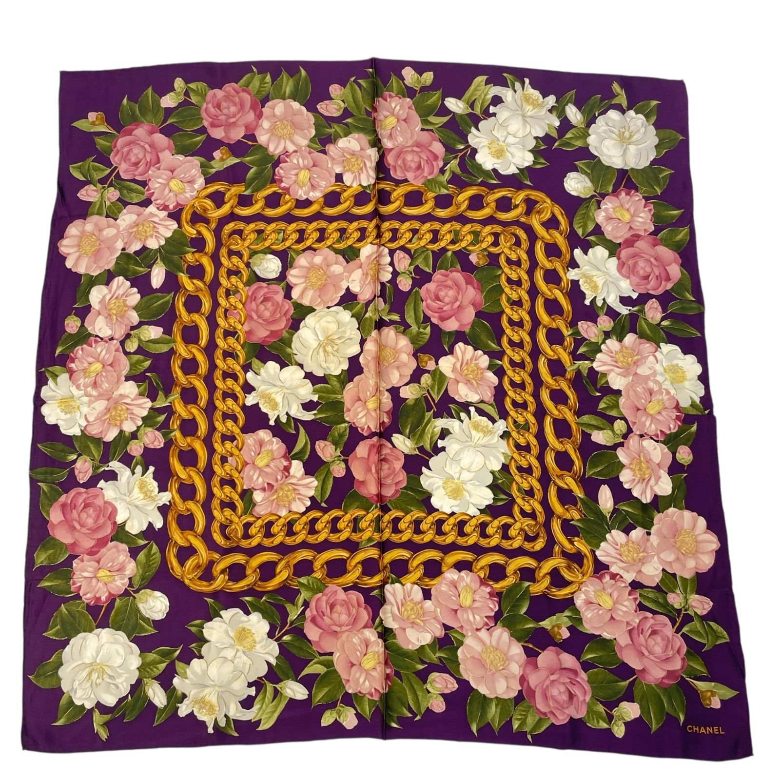 極美品 CHANEL シャネル 大判 シルク スカーフ 花柄 チェーン