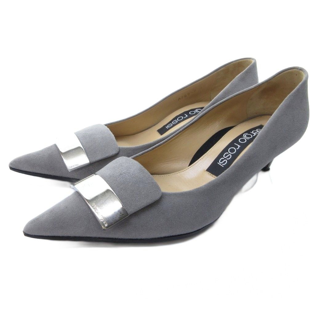 セルジオロッシ Sergio rossi sr1 スエード パンプス ポインテッドトゥ ヒール メタルプレート グレー 約23.5cm IBO81