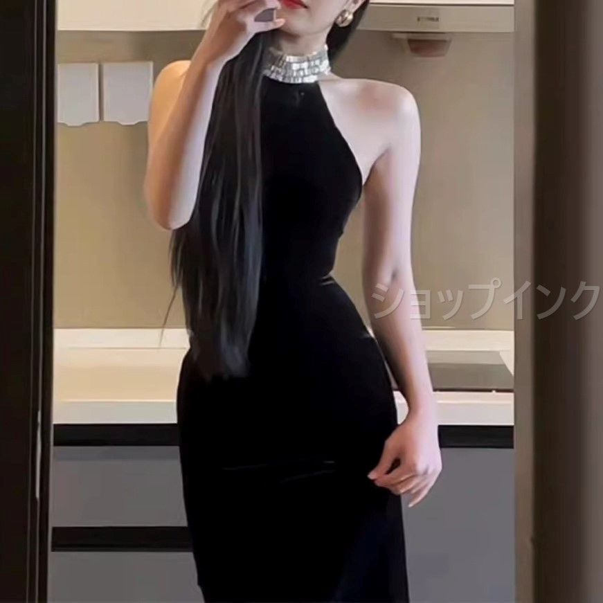 レディース ファッション ワンピース イブニング バースデー ドレス パーティー ハイエンド レディライク フレンチ ブラックベルベット ホルターネック 1197