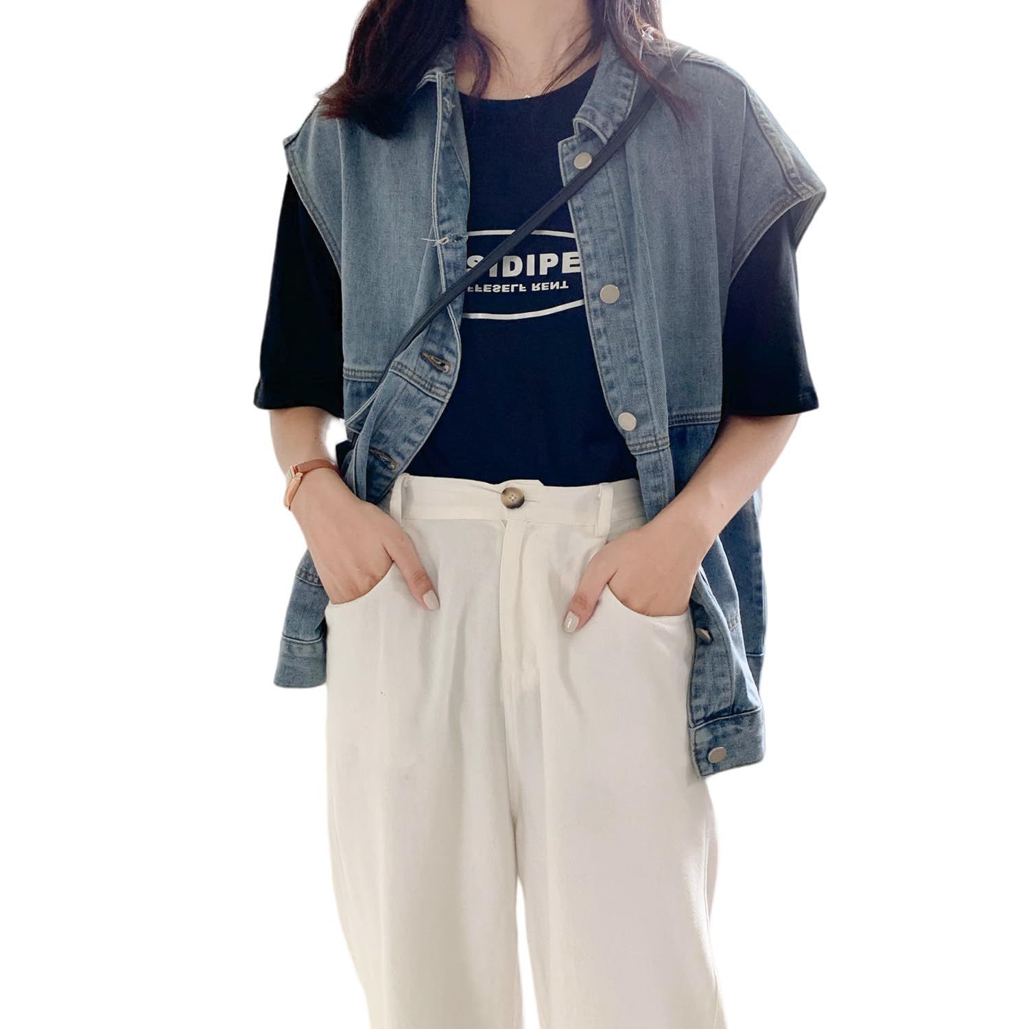 レディース デニム ノースリーブ ジージャン オーバーサイズ ベスト ジャケット ルーズ アウター 襟付き ゆったり ポケット付き 無地 [AUSKY] カジュアル シンプル 万能アイテム 韓国ファッシ
