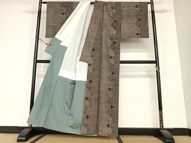 平和屋着物●上質な紬 花唐草文 正絹 AABA0381zg