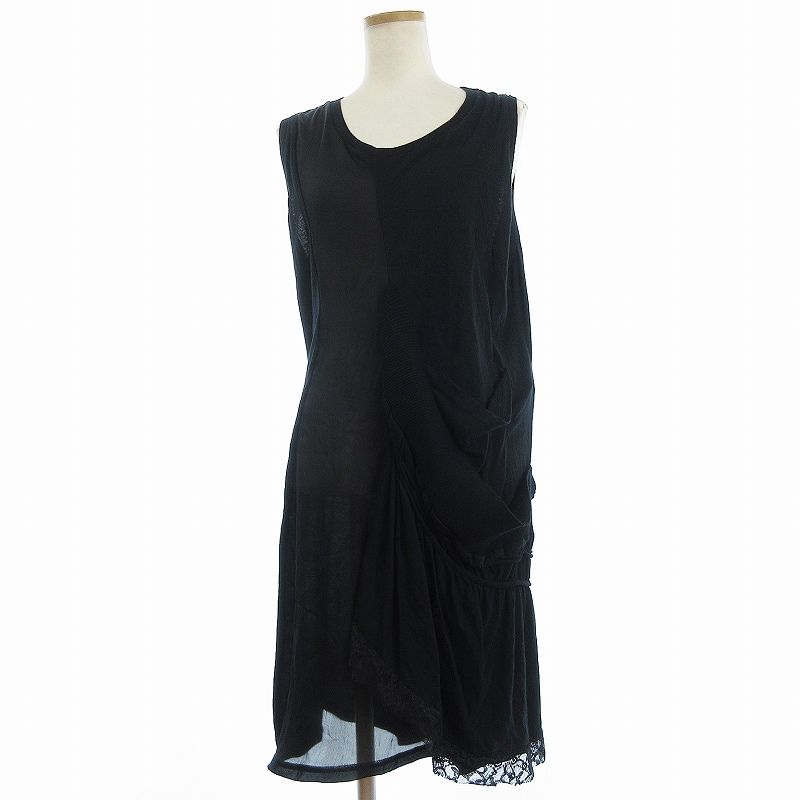 ゴム gomme ワンピース ノースリーブ フリル レース 異素材切替 ひざ丈  