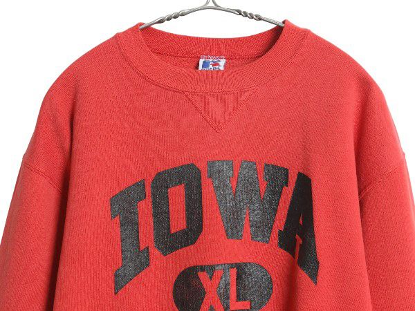 90s ラッセル 2段 カレッジ プリント スウェット メンズ レディース XL アイオワ トレーナー 前V 裏起毛 大きいサイズ 赤
