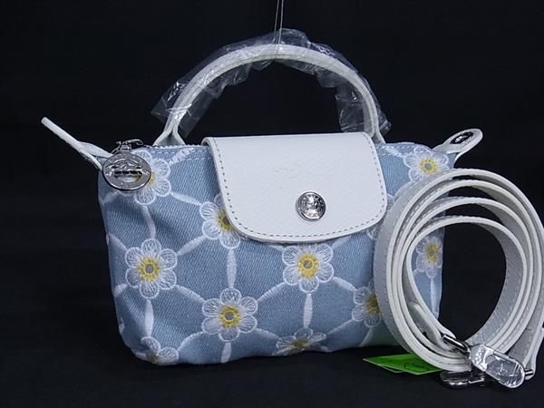 LONGCHAMP ロンシャン ルプリアージュ デニム×レザー 花柄 ハンドバッグ ショルダー ライトブルー系×ホワイト系 FJ7605