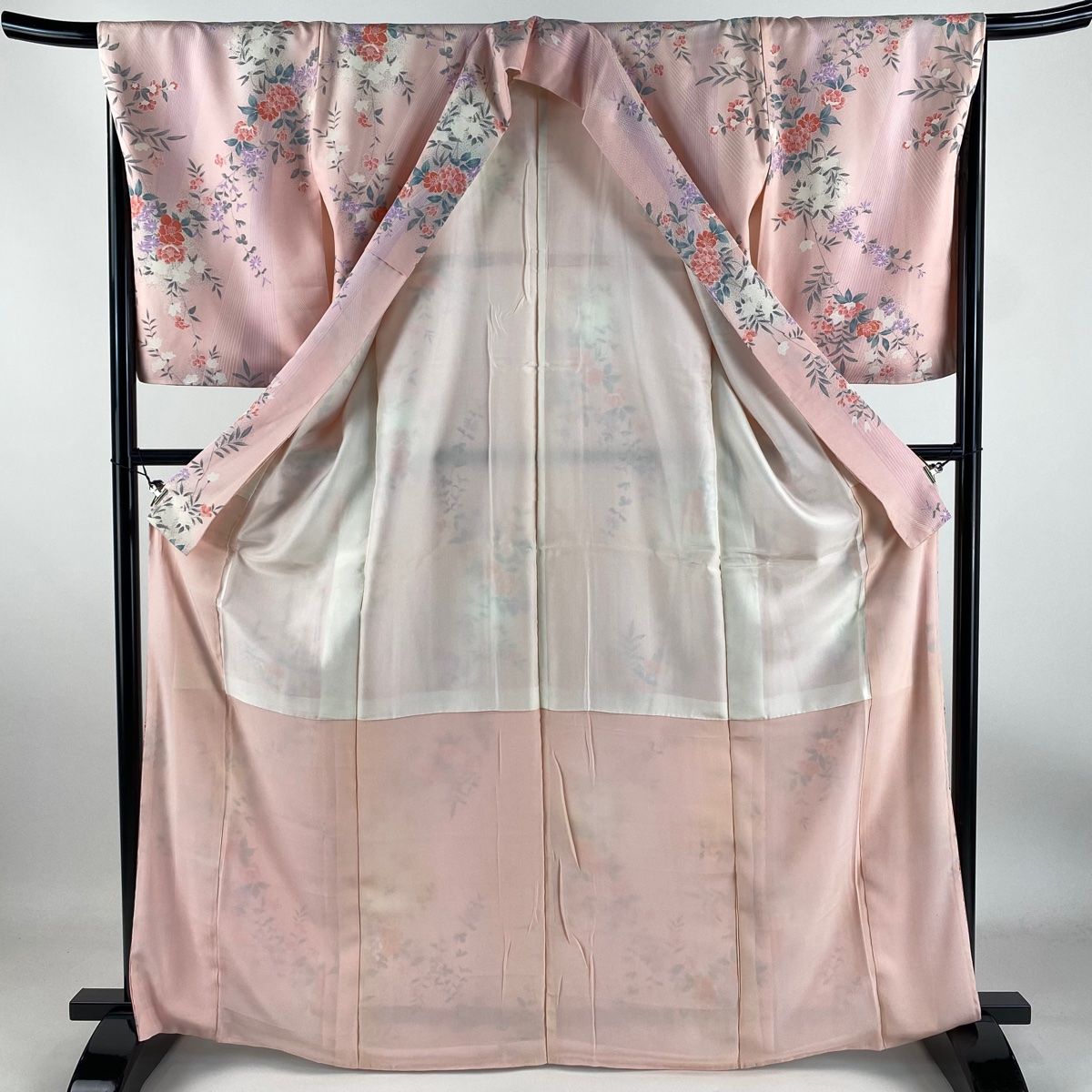 小紋 身丈167cm 裄丈67cm M 袷 草花 ぼかし ピンク 正絹 優品