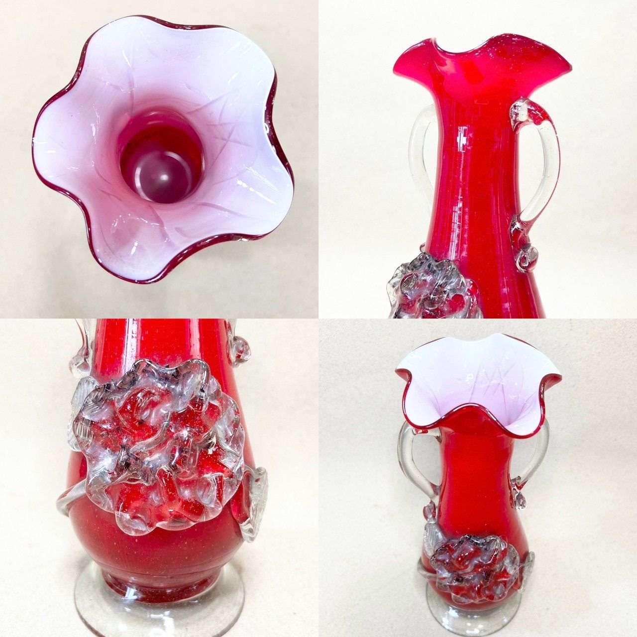 ◇アンティーク レトロ 花柄 ガラス 花瓶 曲げガラス 花びら