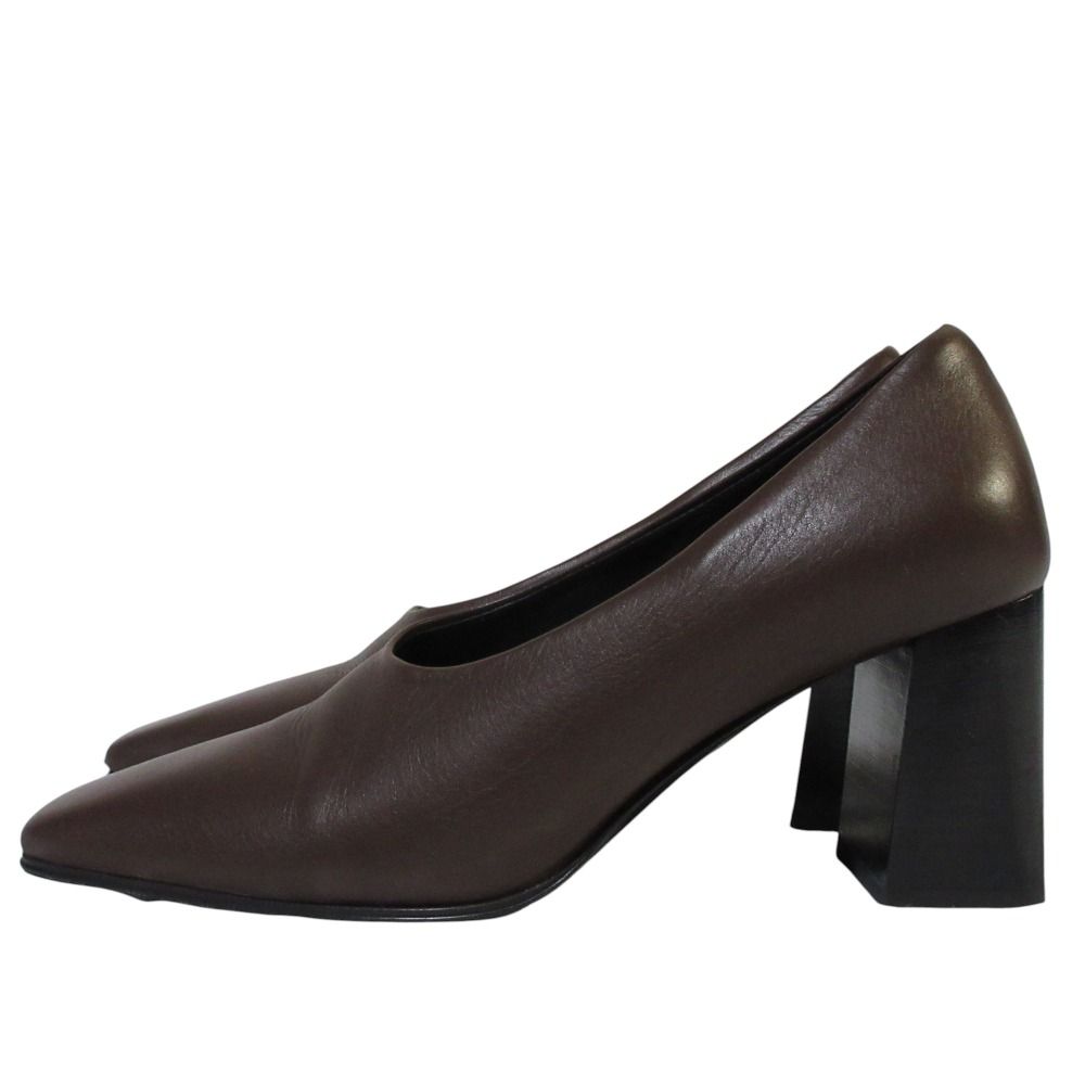 THE ROW ザロウ スクエアトゥ チャンキーヒール レザー ローファー パンプス 35 22.5cm相当 ブラウン レディース 古着