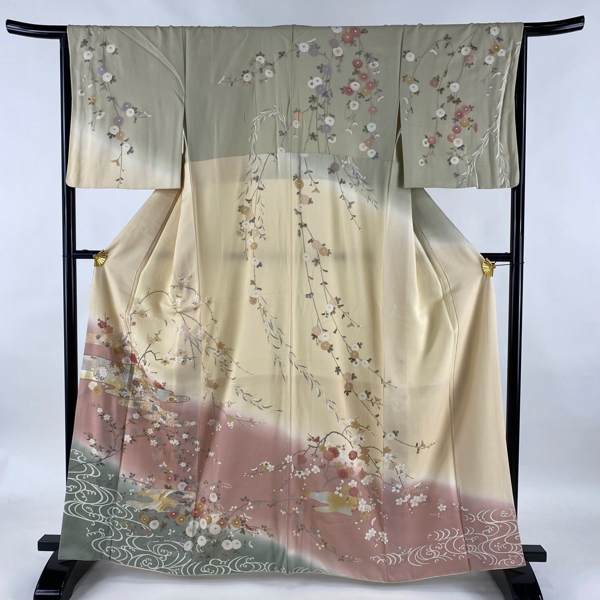 新版 刺繍 金糸 鳥 草花 袷 M 裄丈66cm 身丈162cm 訪問着 灰緑 【中古