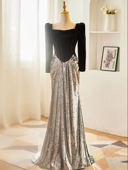 ブラック ロングドレス 魚尾スカート 長袖 感 優雅 パーティー 結婚式 宴会 ホスト ステージ 披露宴 エレガント レディース 送料無料 入荷