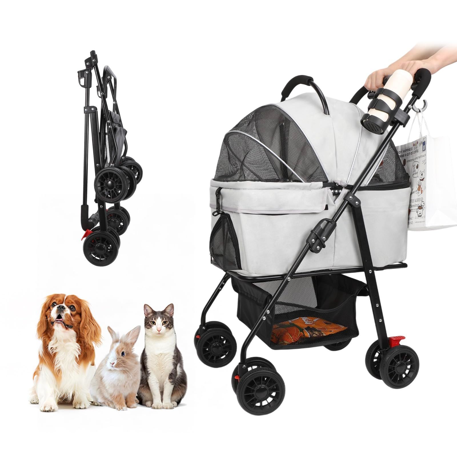 お出かけ 中型犬一匹用 多頭の小型犬-猫 耐荷重20kg 散歩 後輪ブレーキ付 前輪360°回転 フルオープン 対面式 キャンプ ワンタッチ折り畳み ペットバギー ベビーカー カップホルダー フック付き 犬用 3WAY カート 犬 グレー 分離式 ペットカート
