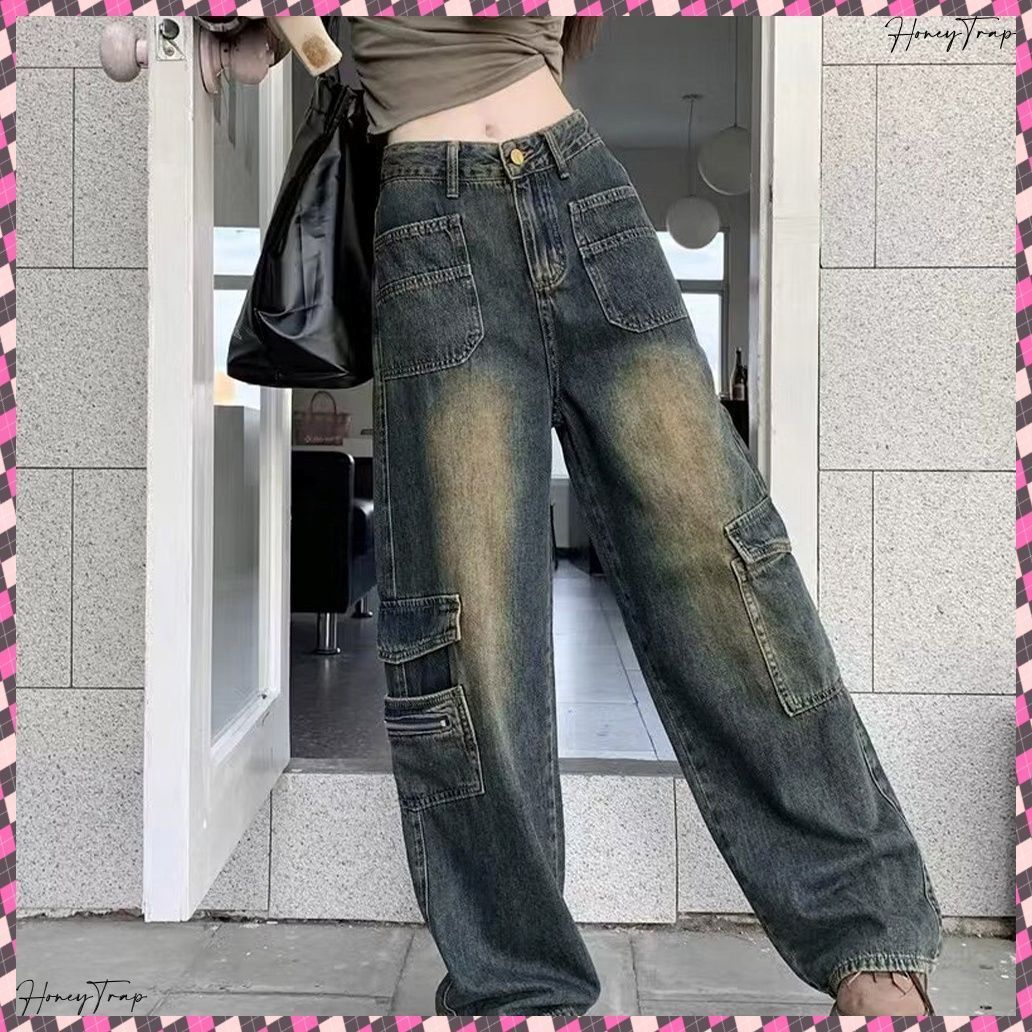 ウォッシュデニムカーゴパンツ レディース ブリーチデニムパンツ メンズライクジーンズ ストリート系 体型カバーボトムス 美脚脚長 着やせ セミワイドデニム 韓国風ヴィンテージ古着風