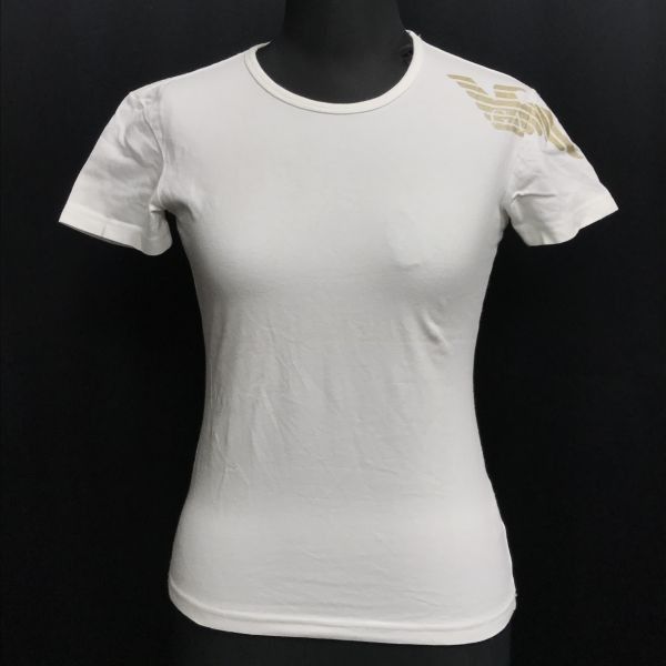 日本製|正規代理店タグ エンポリオアルマーニ|EMPORIO ARMANI ストレッチ|半袖Tシャツ レディースS|白|white ジョルジオ|Tops|Made in Japan◆cBH900