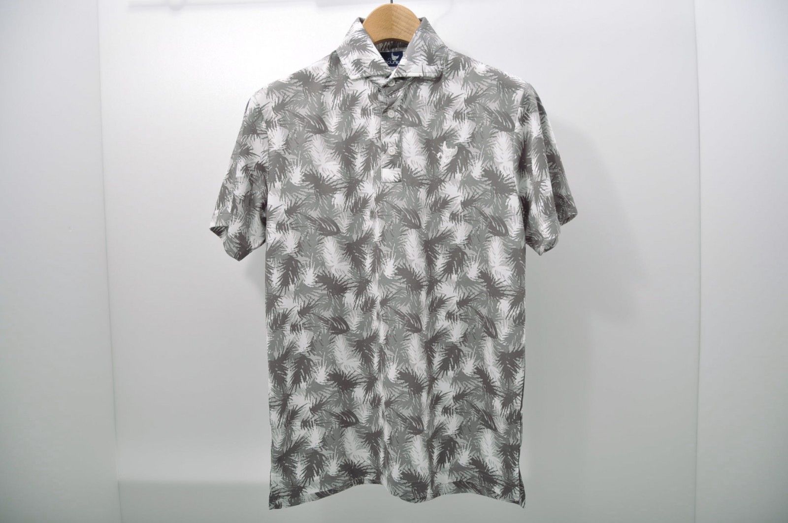 中古 メンズ クランク Clunk 半袖ポロシャツ M 白×グレー リーフ柄