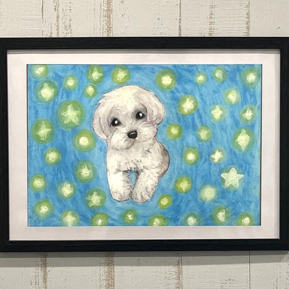 絵画】クレヨン画 白い犬 - メルカリ