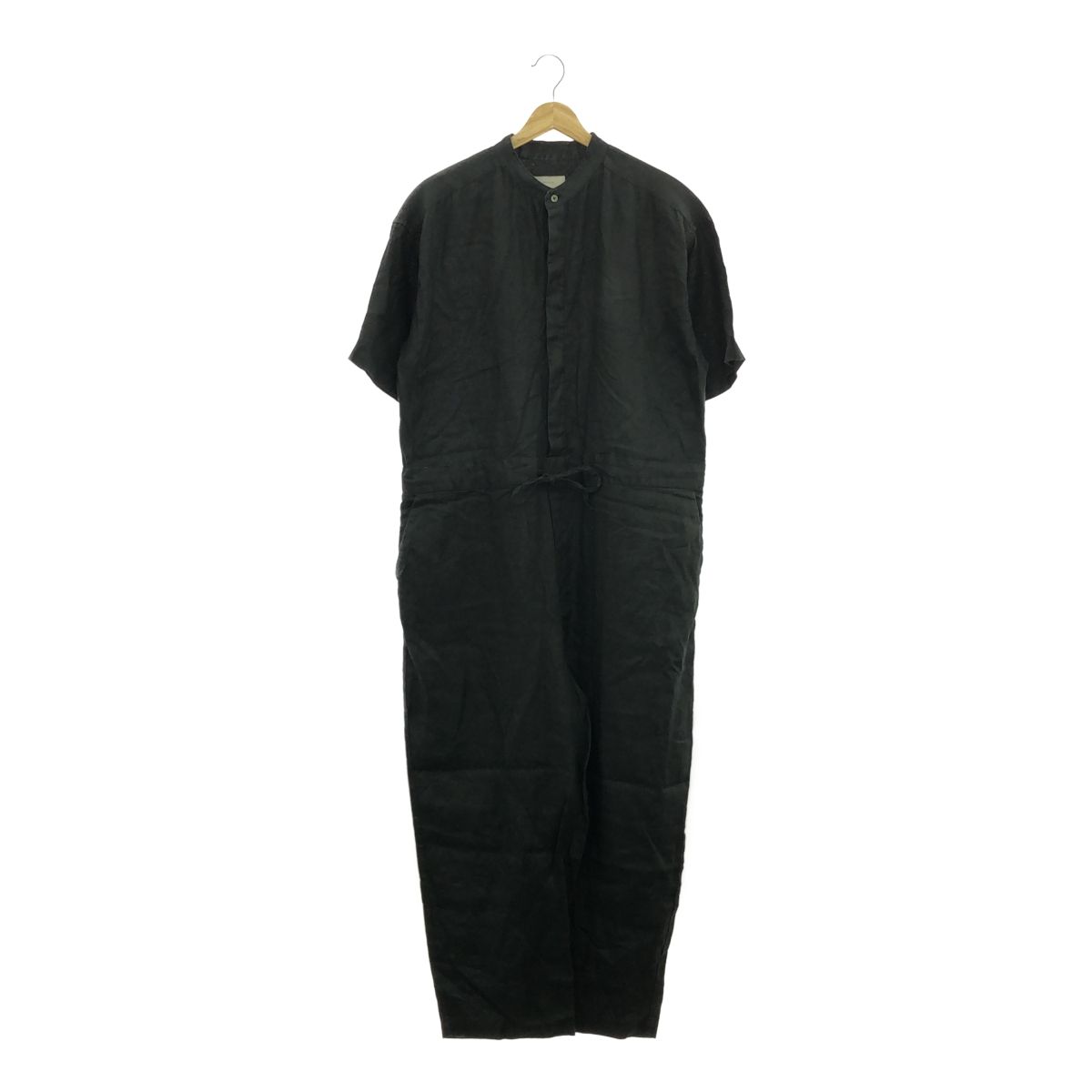 かぐれ オールインワン つなぎ リネン BLACK ブラック シンプル 半袖  