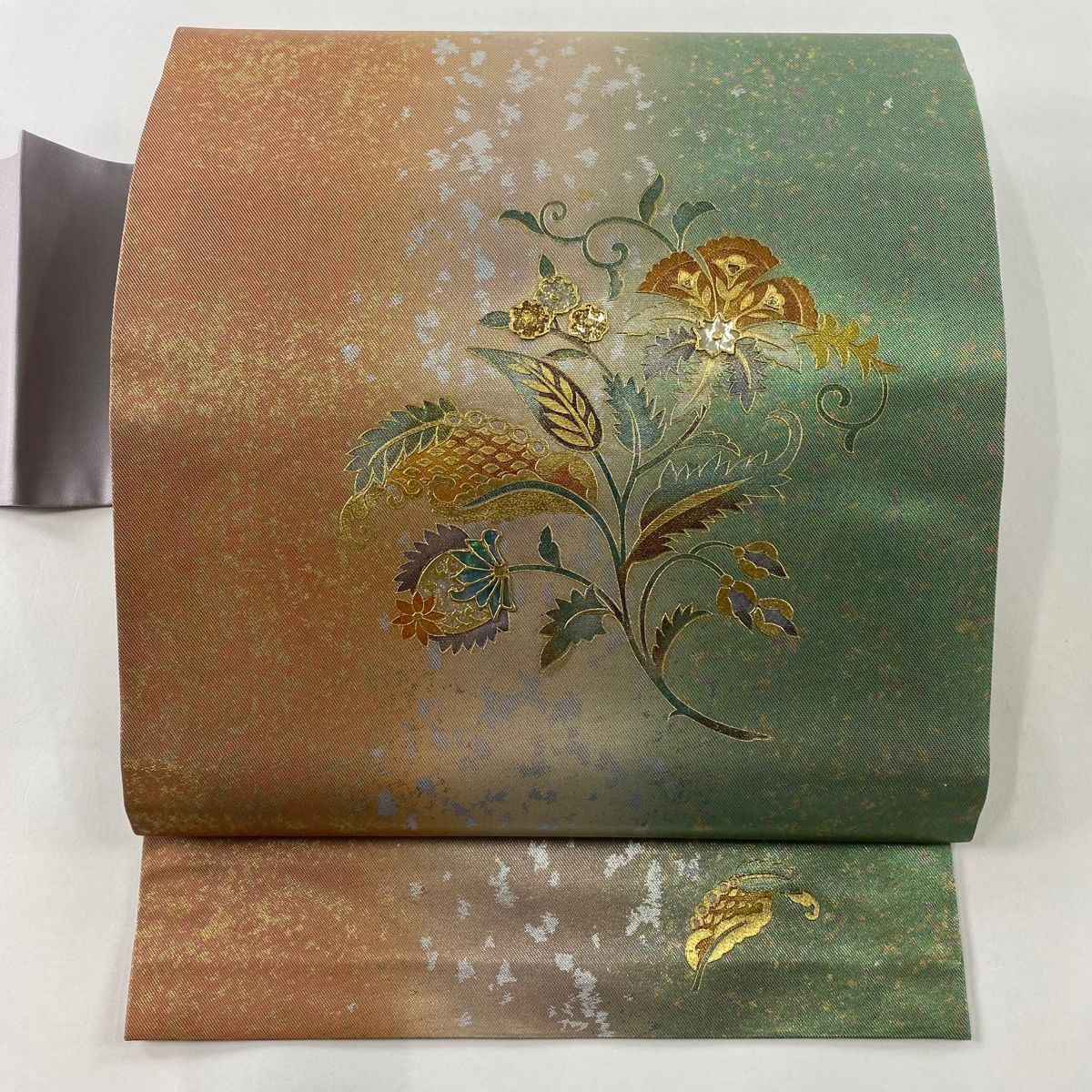 名古屋帯 名品 草花 花唐草 金銀彩 螺鈿 オレンジ 正絹