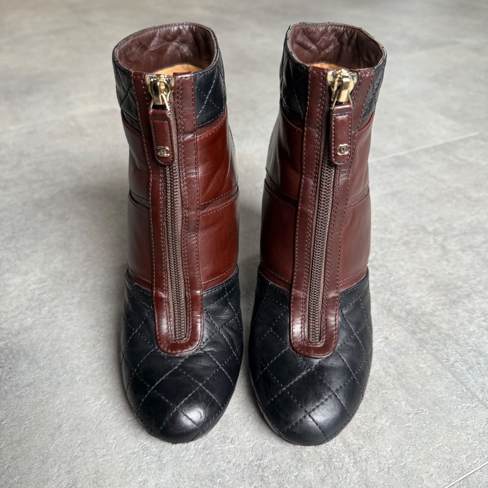 CHANEL シャネル マトラッセ ココマーク ジップアップブーツ レザー ブラウン ブラック バイ 37C 24cm USTAUSTRALIA_COM_AU