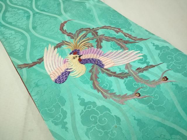 アンティーク袋帯　大正ロマン　鳳凰　金駒刺繍　マゼンダピンク　縮緬　No.20 袋帯 未使用 フォーマル 正絹 手刺繍 蘇州刺繍 引箔地 金色地 菊