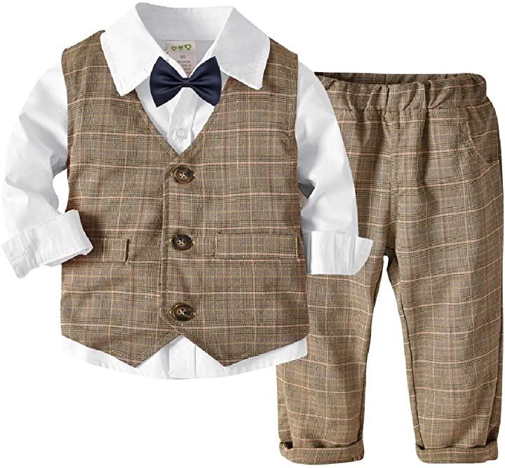 しあわせ倉庫 キッズ フォーマル 男の子 スーツ 4点セット おしゃれ 子供服 90cm( ブラウン+ホワイト，  90)