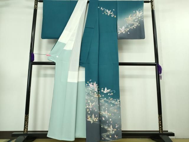 平和屋本店■極上　金彩友禅　卓越技能者・名工・和田光正　訪問着　舞蝶文　納戸色地　暈し染め　金銀彩　逸品　DZAA6680kh5 平和屋本店□極上 金彩友禅 卓越技能者・名工・和田光正 訪問着 舞蝶文