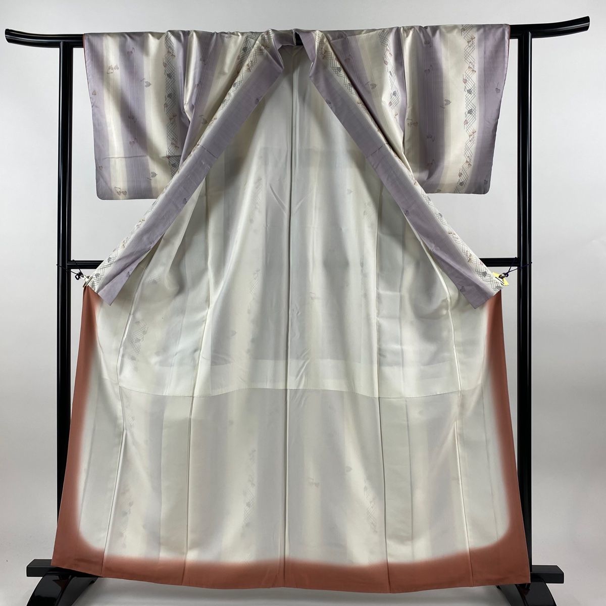 大島紬 身丈162cm 裄丈60cm S 袷 証紙 音符 縞 薄紫 正絹 美品 名品  