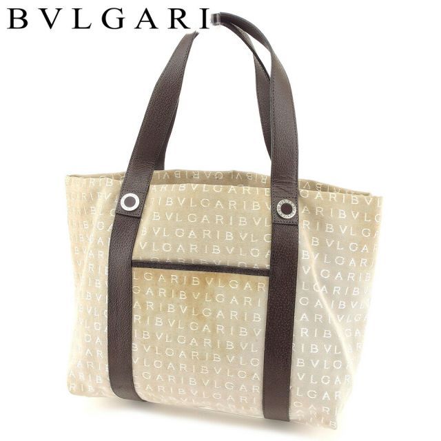 ブルガリ トートバッグ トート ハンドバッグ ロゴマニア ベージュ ブラウン シルバー キャンバス×レザー BVLGARI  T7790S 