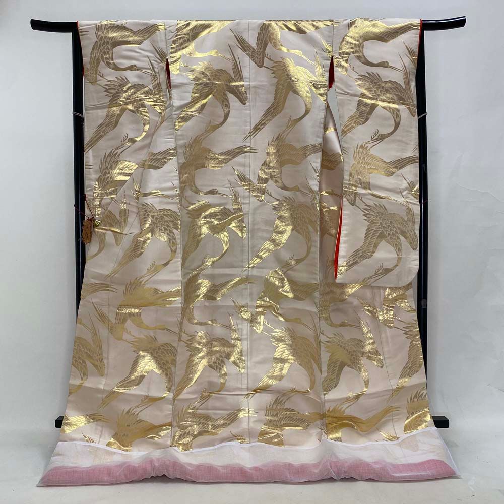 色打掛 正絹 鶴 刺繍 白 シルバー 打掛 Mサイズ 裄64 花嫁衣裳 婚礼 リサイクル ブライダル ウエディング 着物 4030