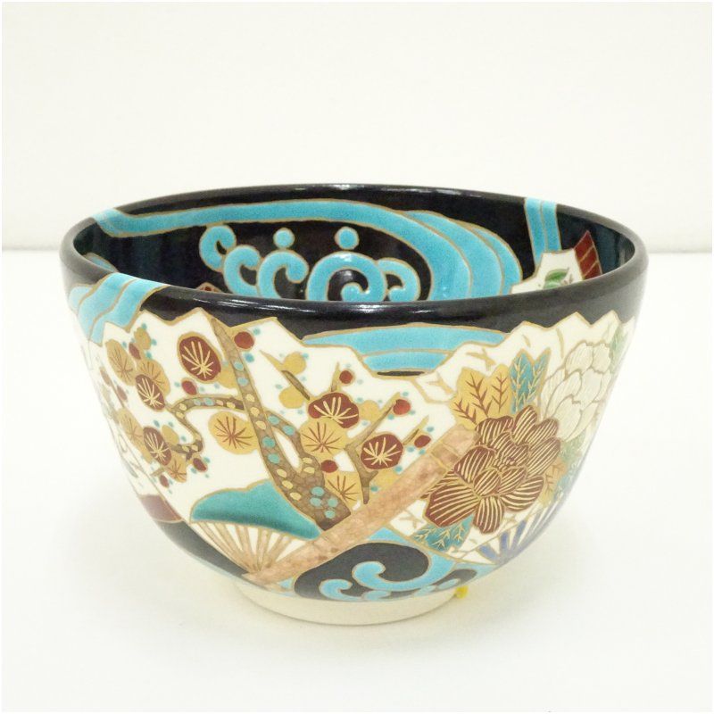 京焼 上山善峰造 扇面流し仁清黒茶碗 共箱 茶道 抹茶 おしゃれ 抹茶茶碗 抹茶碗 和食器 レトロ 茶器 骨董 茶わん 茶会 茶の湯